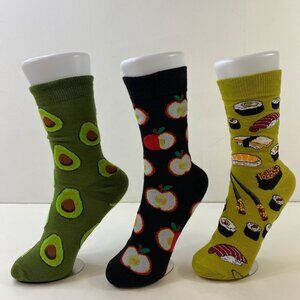 Unisex Fun Novelty Avocado Apple Sushi Socks Set Of 3 Crew Length Food Designs
